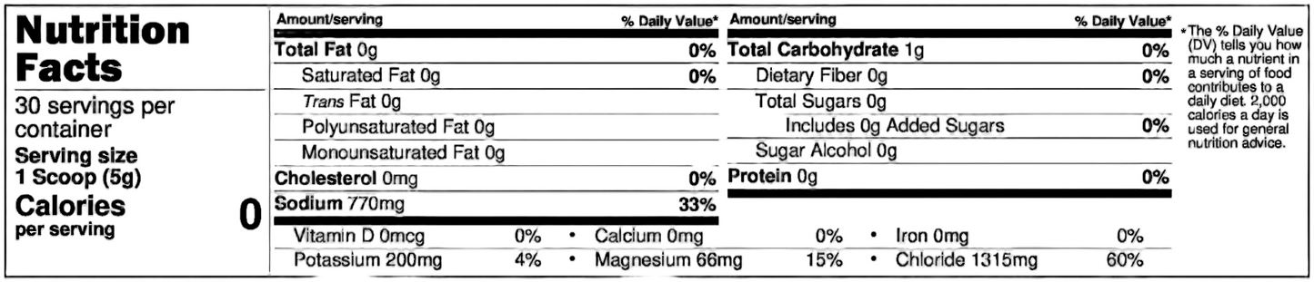 Nutrition facts label for a product with zero calories, fat, carbs, and some sodium.