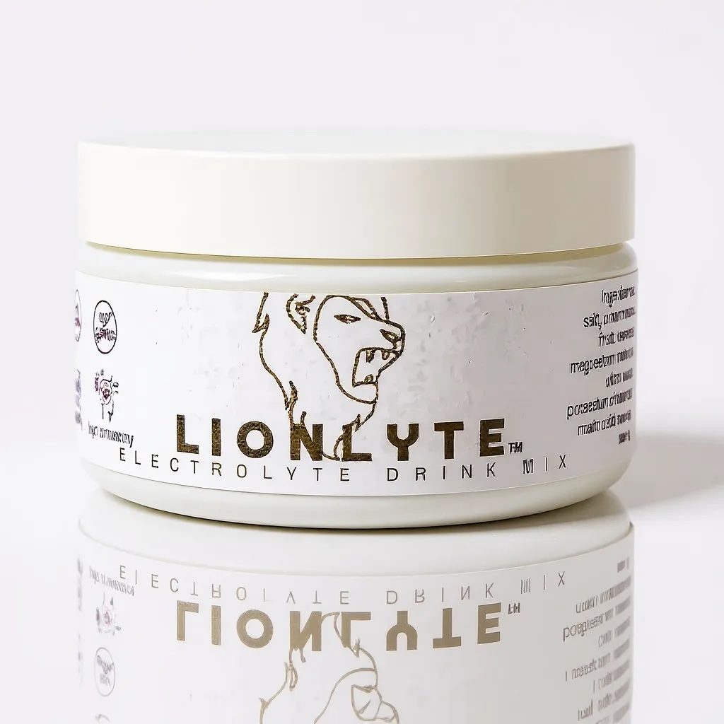 Container of Lionlyte Electrolyte Drink Mix on a white background