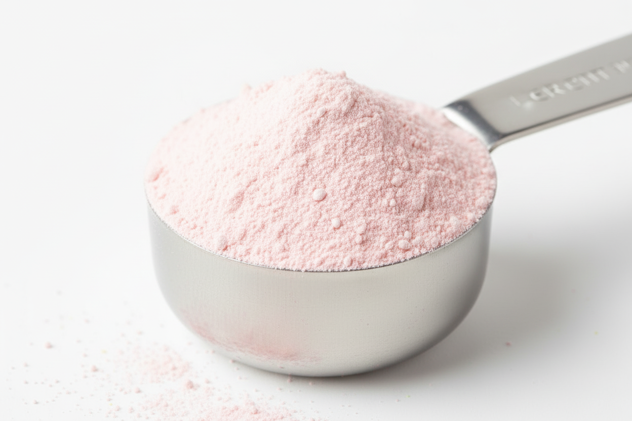 Pale pink electrolyte powder with scoop
